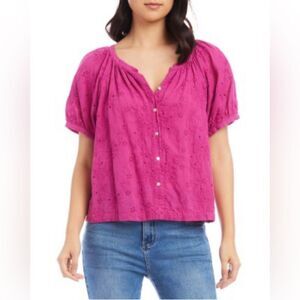 Karen Kane Eyelet Cotton Peasant Top in Magenta - Size XL